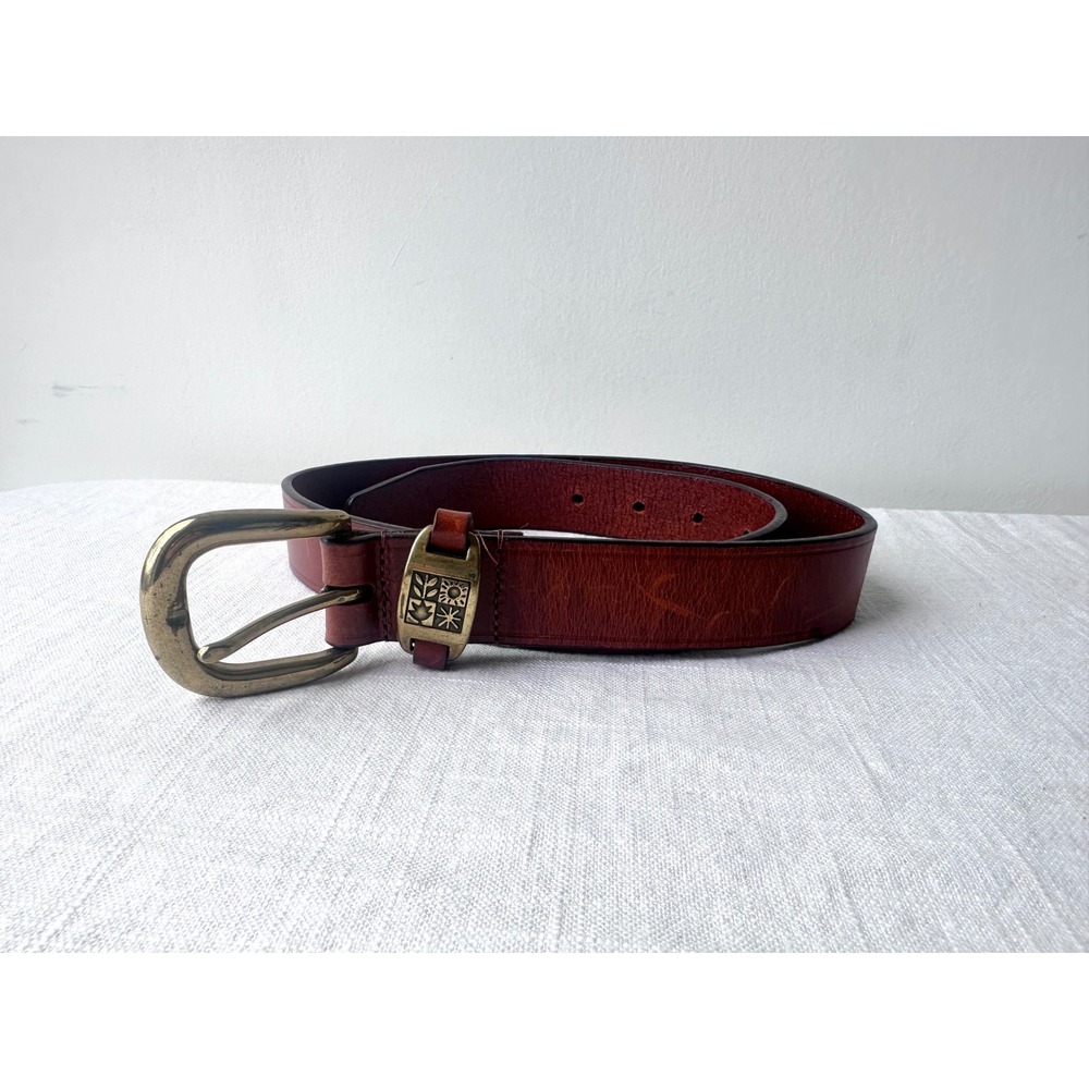 Vintage‎ Talbots Leather Belt Brown Brass Buckle Engraved 90s Size M